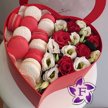 Flowers and Macarons in a heart box  Flowers and Macarons