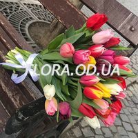 Букет з 29 різнокольорових тюльпанів - Фото 1