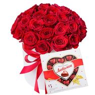 35 scarlet roses in a box of sweets