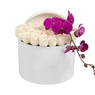 35 white roses with orchid in a box
