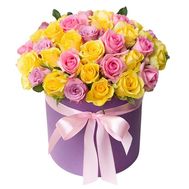 45 multi-colored roses in a hat box