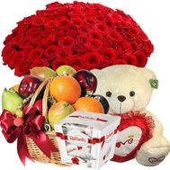 51 роза, мишка, фрукты, конфеты