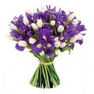 Wonderful bouquet of irises and tulips