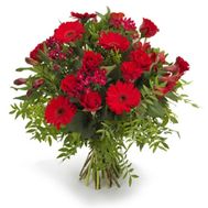 Red gerberas, roses and alstromerias