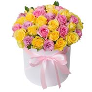 Multicolored roses in a box