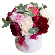 15 multicolored peonies in a box