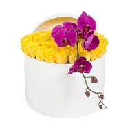 35 yellow roses with orchid in a box