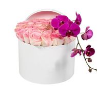 39 roses with orchid in a box