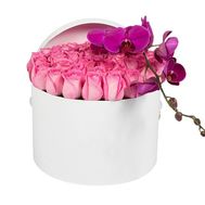 41 roses with orchid in a box