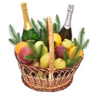 Большая новогодняя корзина фруктов с шампанским