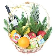 Christmas basket with fruits and wine