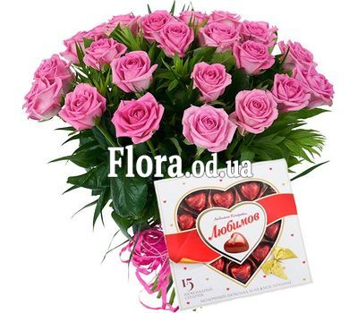 21 розовая роза и конфеты