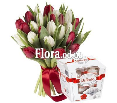 25 red and white tulips with Raffaello 25 red and white tulips with Raffaello