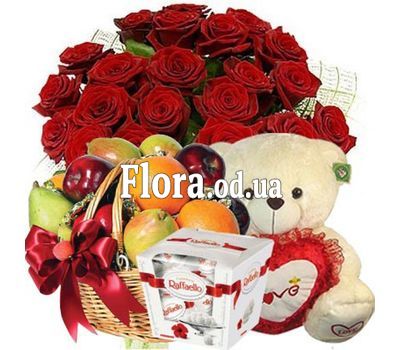25 роз, мишка, конфеты, фрукты