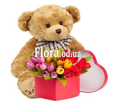 25 tulips in a box and a teddy bear