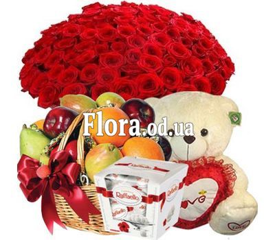 51 роза, мишка, фрукты, конфеты