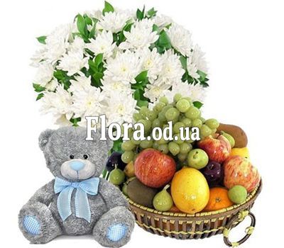 Букет, ведмедик, фрукти