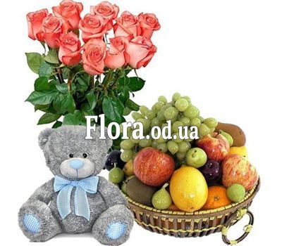 Букет роз, мишка, фрукты