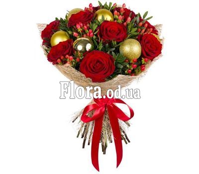 A bouquet of roses with Christmas toys