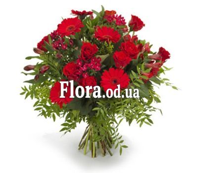 Червоні гербери, троянди та альстромерії