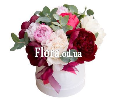 15 multicolored peonies in a box