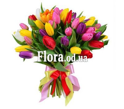 Bouquet from 55 multi-colored tulips