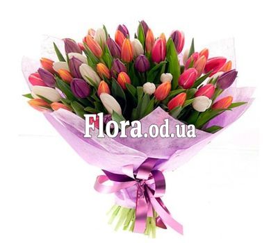 Bouquet from 75 multi-colored tulips