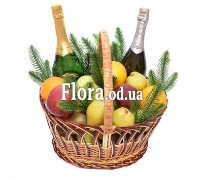 Большая новогодняя корзина фруктов с шампанским